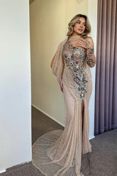 Gorgeous Champagne Mermaid One-Shoulder Cap Sleeve Beaded Sequined Split Front Long Tulle Prom Dresses With Rhinestone